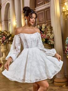 Aureia Vestido elegante, romántico, digno y dulce, de tela blanca cortada con láser con hombros descubiertos, adecuado para vacaciones, vestido de graduación, ceremonia de apertura, festival, invitado de boda, fiesta de cumpleaños, ducha nupcial, pequeño vestido blanco, novia