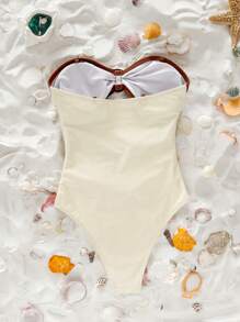 Swim Chiccia Women's Beach Casual Contrast Color Spaghetti Strap Hollow Out One-Piece Bikini Swimwear - Brown - View 2