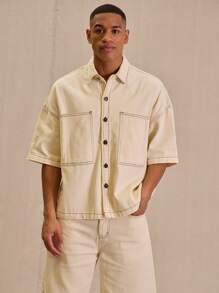 Musero Contrast Stitch Oversized Pocket Detail Button Up Denim Shirt - Apricot - View 1