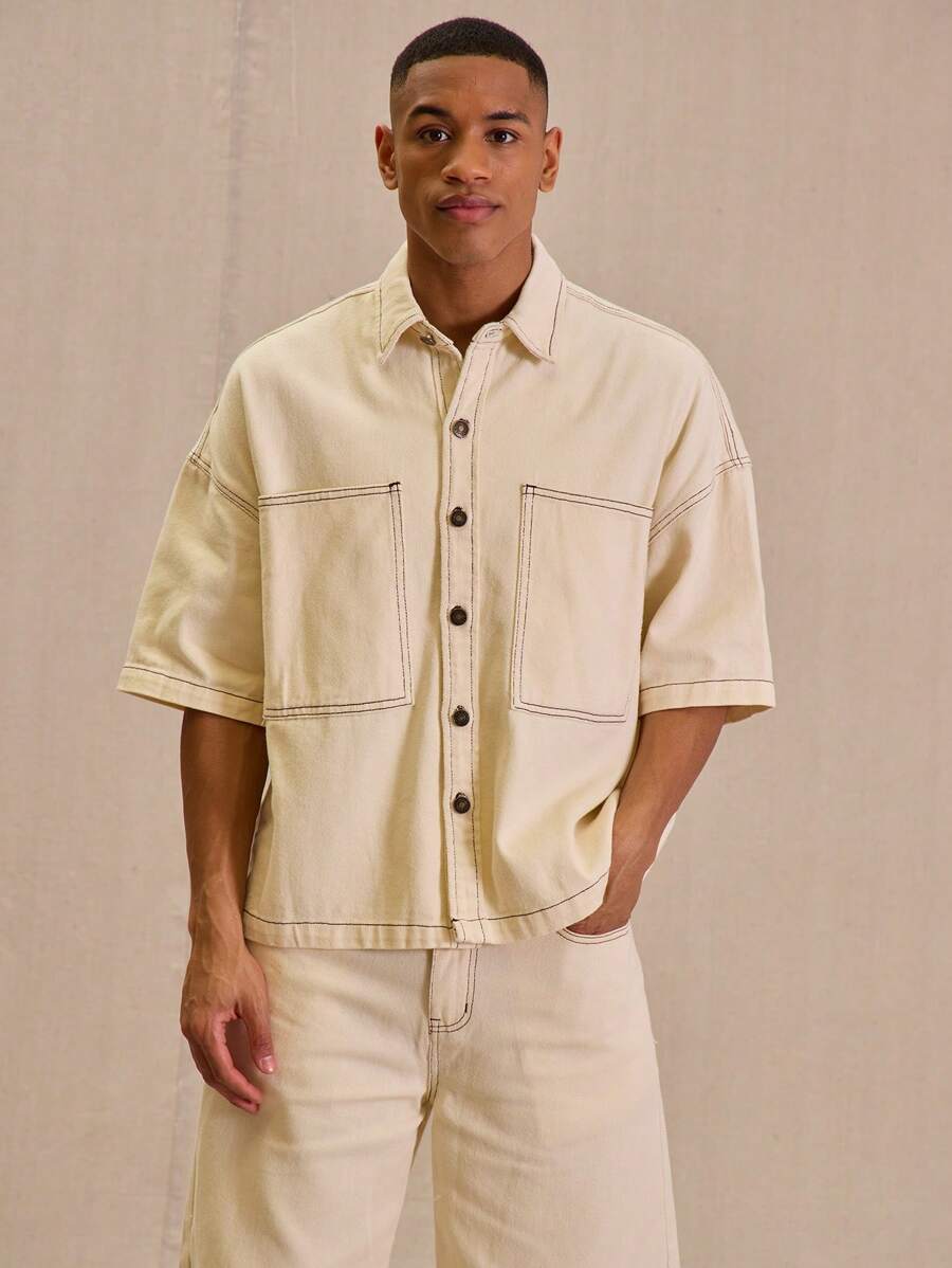 Musero Contrast Stitch Oversized Pocket Detail Button Up Denim Shirt - Apricot - View 1