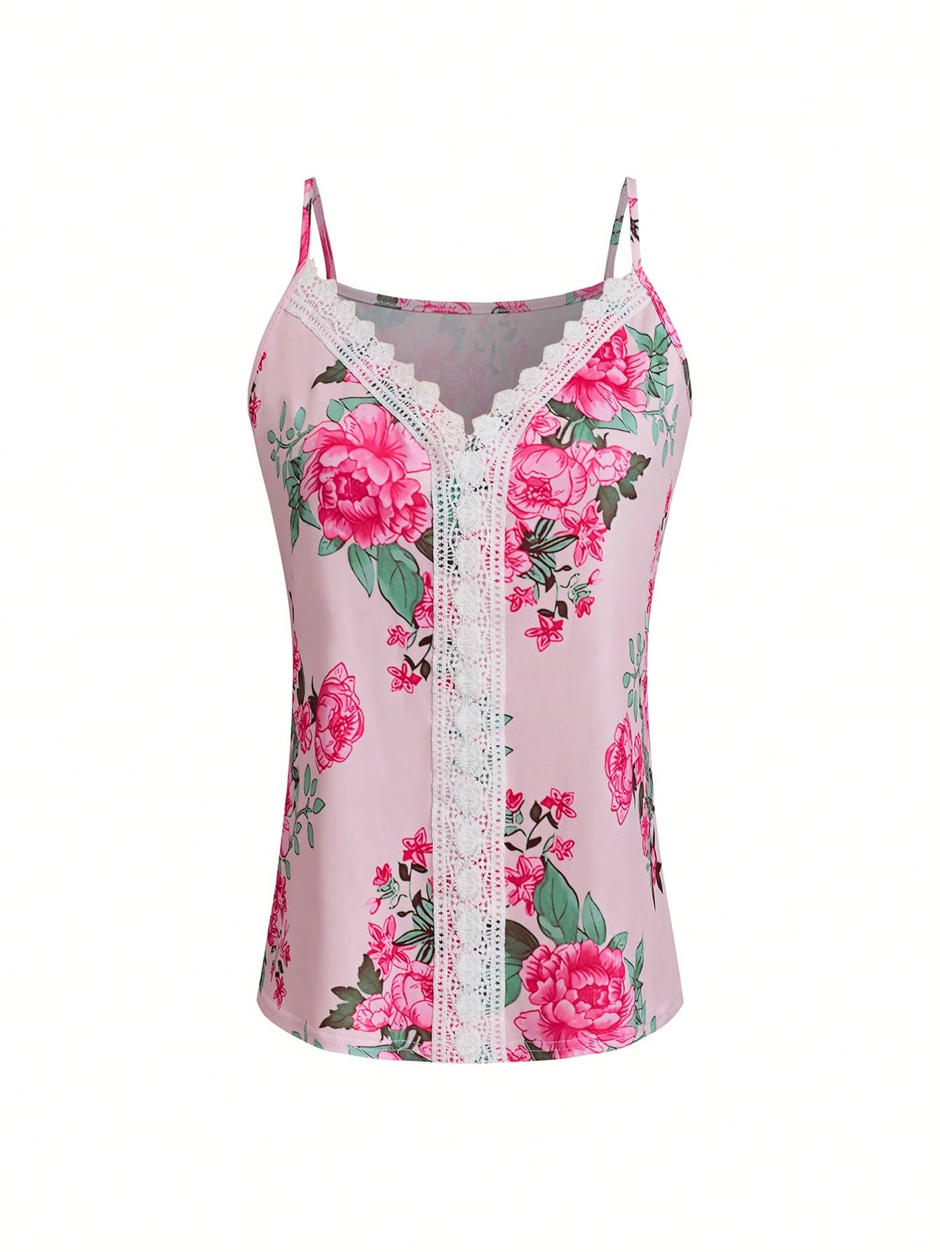 SHEIN LUNE 度假休闲花卉印花拼接蕾丝吊带背心上衣图案 T 恤女式上衣 - 紅色 - 查看 1