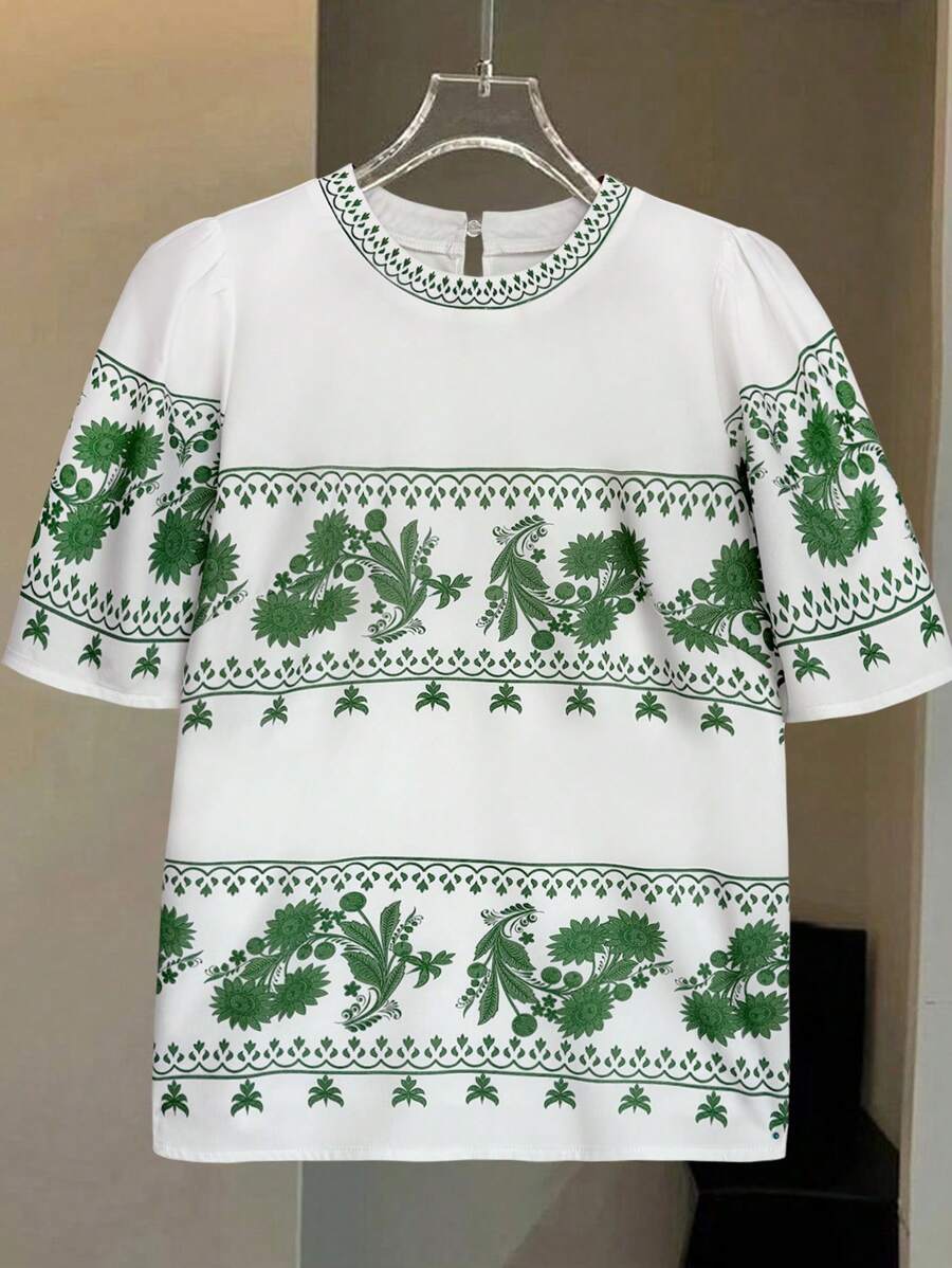 SHEIN LUNE 女士圆领短款泡泡袖纹理花卉印花衬衫 - 彩色 - 查看 1