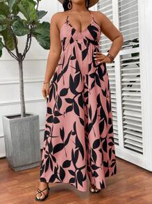 SHEIN CURVE+ Plus Size Loose Fit Halter Neck Tied Jumpsuit, Green Leaf Print, Beach Resortbeach Outfits For Woman/Beach Dress/Beach Vacation Outfits/Beach Essentials / Graduation/Tea Party Dress - Pink - View 3