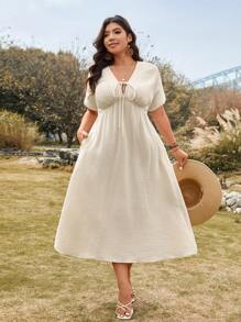 SHEIN LUNE 大码女式 100% 纯棉 V 领系腰中长连衣裙 夏季 - 杏色 - 查看 5