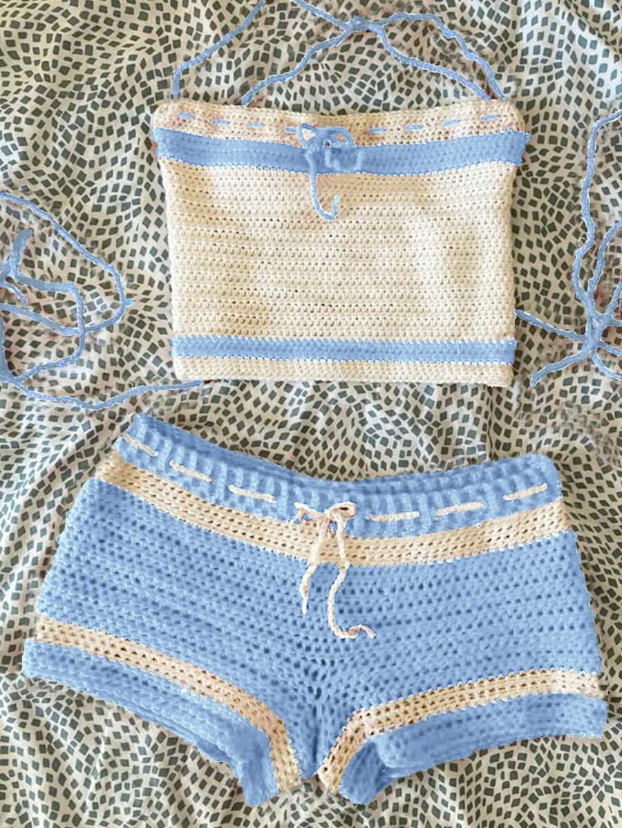 INAWLY 2 件套女士拼色条纹针织上衣和短裤套装，夏季 - 彩色 - 查看 1