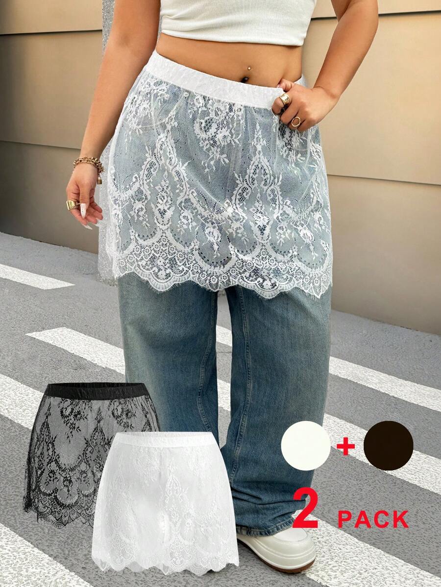 SHEIN EZwear 加大码黑白蕾丝两件套半身裙套装，春夏款 - 黑與白 - 查看 1