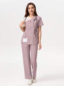 TaskEZ Conjunto de ropa de trabajo con top de manga corta con cuello en contraste y pantalones, conjunto de bata - Púrpura polvoriento - Ver 4