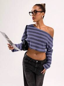 SHEIN BAE Women Casual Striped Asymmetric Neck Cropped Top