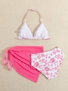 SHEIN Tween Girl' Cute Ditsy Floral Patterned Triangle Top And Skirt Swimwear Set (Random Print) - Hot Pink - View 2