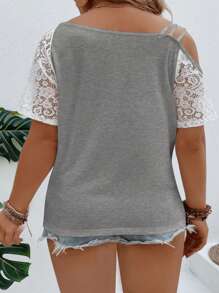 SHEIN Plus Size Asymmetrical Collar Lace Short Sleeve Leopard Heart Print Casual T-Shirt, Spring/Summer