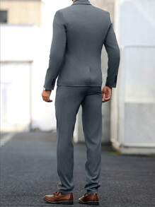 Calvornis 2pcs Men Mottled Lapel Collar Long Sleeve Jacket And Pants Suit - Grey - View 2