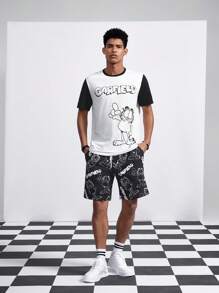 GARFIELD | SHEIN Bộ 2 chiếc/Bộ Áo thun tay ngắn in hình mèo hoạt hình màu đơn giản Unisex và quần short đen, Xuân/Hè - Đen và trắng - Xem 3