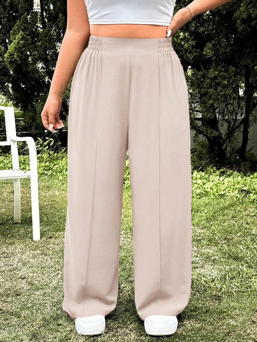 SHEIN EZwear Quần dài thường ngày màu trơn đơn giản cỡ lớn, phù hợp cho mùa hè - Màu be - Xem 1