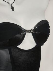 SHEIN ICON Women's Black Satin Crop Top, Strapless Sleeveless Cut Out Design With Chain Detail, Asymmetrical Hem - Black - View 6