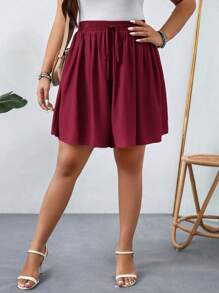 SHEIN LUNE Shorts casual larghi a vita alta con lacci in colore unito per taglie comode - Bordò - Visualizzare 5