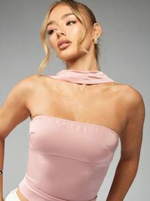 MISSGUIDED Asymmetric One Shoulder Choker Satin Crop Top Evening Party Club Night Out Fashion Modern Sleeveless Slim Fit Summer Spring - Dusty Pink - View 4