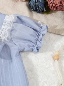 Toddler Girl Cute & Elegant Blue Lace Shoulder Trim Bow Front Puff Sleeve Over The Knee Nightgown Loungewear - Blue - View 4