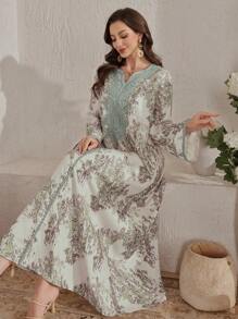 Al Najma 印度尼西亚/中东风格宽松印花长袍/阿巴雅，适合迪拜、土耳其，朴素的卡夫坦长袍 - 綠色 - 查看 6