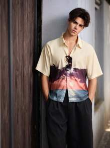 Maija Men's Scenic Print Short Sleeve Single Breasted Casual Shirt - Multicolor - View 1