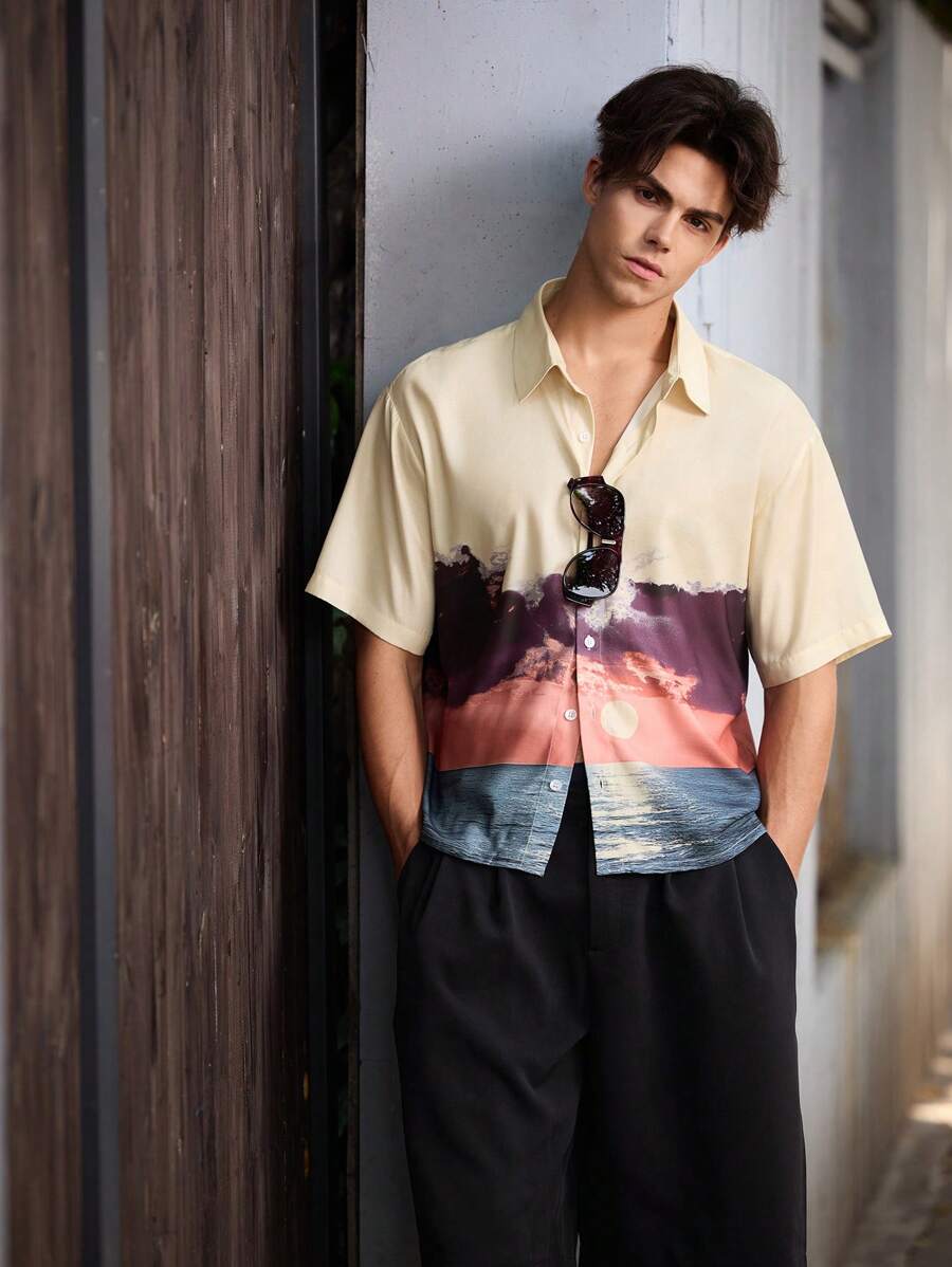 Maija Men's Scenic Print Short Sleeve Single Breasted Casual Shirt - Multicolor - View 1