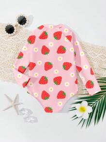 SHEIN Baby Girls' Casual Minimalist Fitted Strawberry Print Long Sleeve One-Piece Swimsuit, Suitable For Summer