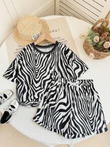 SHEIN LMoss Kids Bộ áo thun tay ngắn và quần short họa tiết lượn sóng thường ngày cho bé gái tuổi mới lớn LMoss - màu đen - Xem 8
