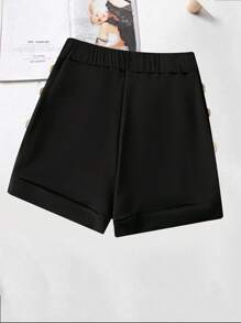 Chiquease Solid Color Waist Cinched Split Seam Metal Button Decor Women Shorts - Black - View 2