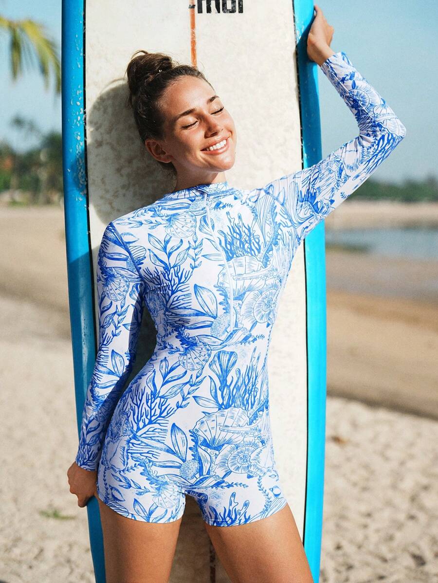 Swim SPRTY Women Tropical Print Zipper Closure Long Sleeve One-Piece Rashguard, For Summer Beach Vacation - Blue and White - View 1
