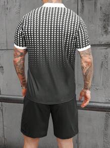 Manfinity CasualCool Men's Summer Casual Vacation Black And White Geometric Print Contrast Zipper Polo Shirt Collar And Solid Color Shorts Set Outfits Husband Gifts - Black and White - View 2
