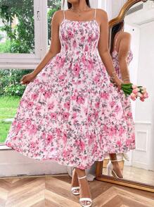 Flirla Plus Size Floral Print Cami Dress With Ruffled Hem For Summer Trip Maxi Vacation Beach Outfits Women - Multicolor - View 7