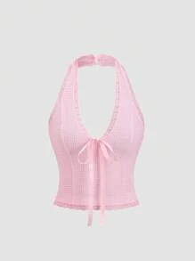 Sweetra Débardeur moulant à imprimé carreaux pour femme, col licou, en maille et dentelle, coupe ajustée, printemps/été - Rose bonbon - Voir 1