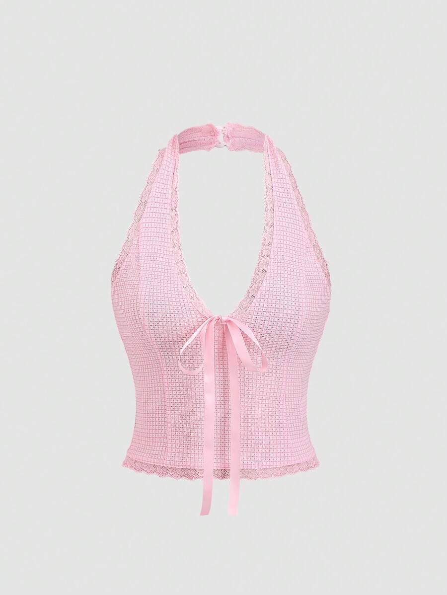 Sweetra Débardeur moulant à imprimé carreaux pour femme, col licou, en maille et dentelle, coupe ajustée, printemps/été - Rose bonbon - Voir 1