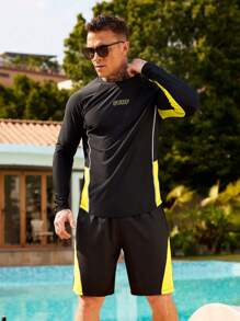 Manfinity Swimmode 2pcs/Set Men's Letter Print Raglan Sleeve Top And Shorts Swimsuit Set - Multicolor - View 4