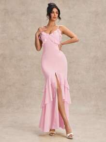 SHEIN BAE Women's Spring And Summer Solid Color Suspender V-Neck Ruffle Front Slit Chiffon Holiday Elegant Backless Dress Suitable For Wedding Bridesmaid Dress Prom Dress - Baby Pink - View 5