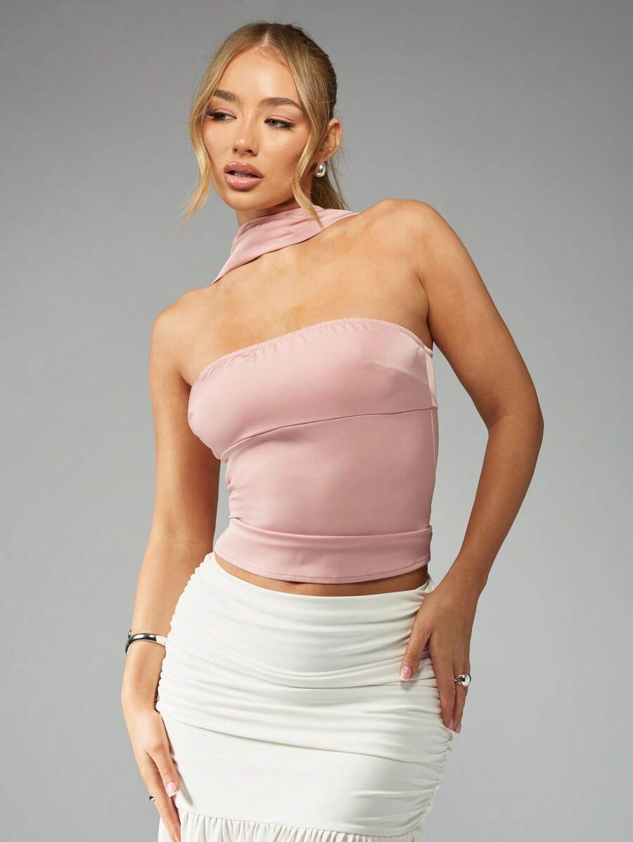 MISSGUIDED Asymmetric One Shoulder Choker Satin Crop Top Evening Party Club Night Out Fashion Modern Sleeveless Slim Fit Summer Spring - Dusty Pink - View 1