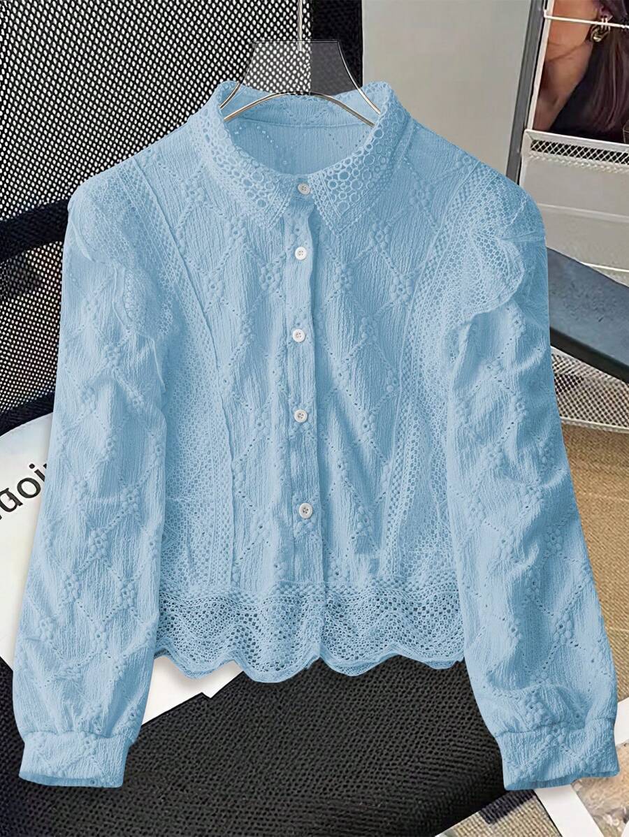Chiquease Women's Simple Long Sleeve Laser Etched & Embroidered Casual Blouse For Commuting Fall Cloth For Women