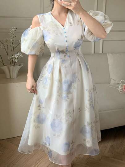Modelyn 女士优雅花卉印花露肩泡泡袖中长连衣裙