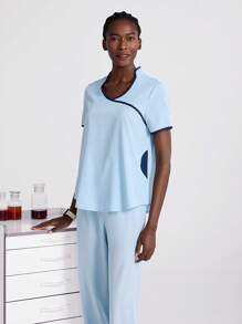 TaskEZ Contrast Color Trim Short Sleeve Top & Pants Nurse Scrub Uniform Set, Scrubs Scrubs For Women Women Clothing 2 Pieces Scrub Sets For Women - Baby Blue - View 3
