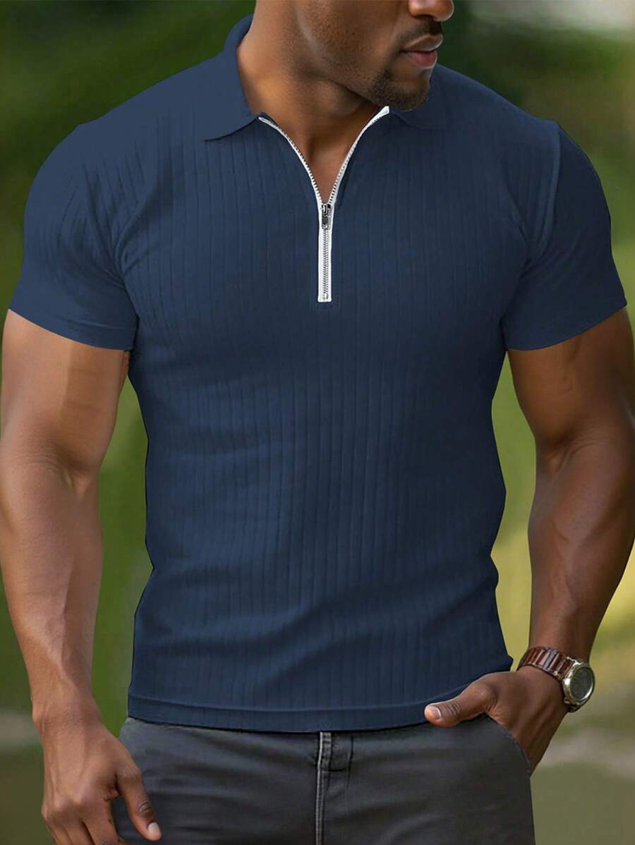 Manfinity Homme 男士休闲百搭纯色短袖 Polo 衫 - 寶藍色 - 查看 1