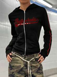 StreetHx Retro amerikanischer Stil taillierter Reißverschluss-Kapuzenpullover für Frauen, Abschluss, Lehrer, Rückkehr zur Schule Pullover Herbst