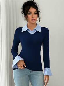 Rafferiza 女士优雅通勤条纹翻领喇叭长袖针织T恤，秋冬春季 - 彩色 - 查看 3