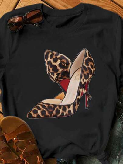 INAWLY Solva Chaussures à talons hauts et t-shirt graphique imprimé léopard grande taille, décontracté pour l'été