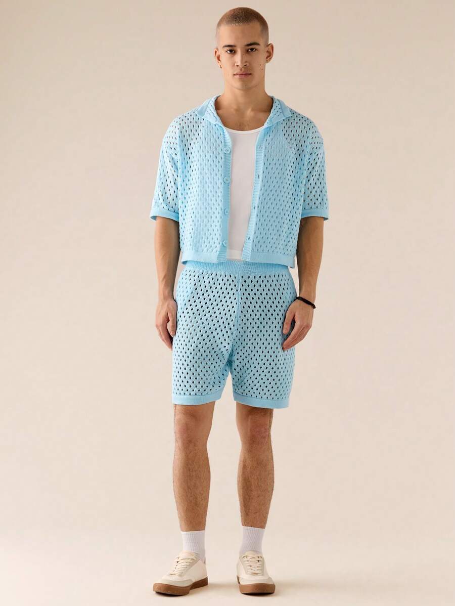 Manfinity VCAY Men's Standard Size Casual Sky Blue Crochet Hollow-Out Loose Shorts Suit, For Fall Winter - Mint Blue - View 1
