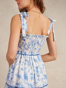 WESTFADE Summer Floral Printed Embroidered Woven Square Neck Smocked Bodice Cute Bow Tie Straps Contrast Trim Ruffle Tiered Dress Spring Break Beach Vacation - Blue - View 4