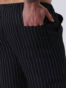 Manfinity Homme Pantalones casuales para hombres con bolsillos con parches a rayas y pierna recta, pantalones de diseñador para hombres - Negro - Ver 6