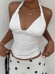 Sunnyshic Women's Summer Vacation Ribbed Knit Ruched Bowknot Neck Camisole