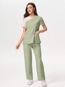 SHEIN TaskFit Bộ đồng phục áo và quần cổ chữ V màu tương phản dành cho nữ - màu xanh lá - Xem 4