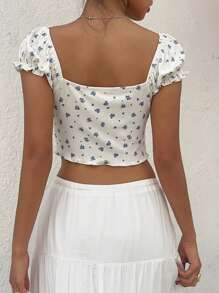 Sunnyshic Cute Ditsy Floral Square Collar Slim Fit T-Shirt, Summer Top - Multicolor - View 2