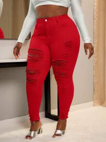 SHEIN SXY 女式夏季大码破洞紧身牛仔裤 Old Money