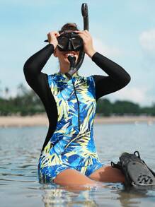 Swim SPRTY 1pc Women Leaf Print Long Sleeve One-Piece Swimwear, Sexy Surfing Romper Beach Swimsuit - Multicolor - View 5